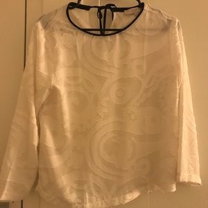 Loft white blouse black trim embroidery Petite